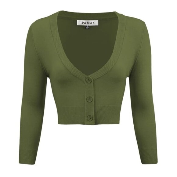 New Unworn 3XL ModCloth Retro V-Neck Cropped 3/4 Sleeve Cardigan Olive Green - Picture 4 of 4